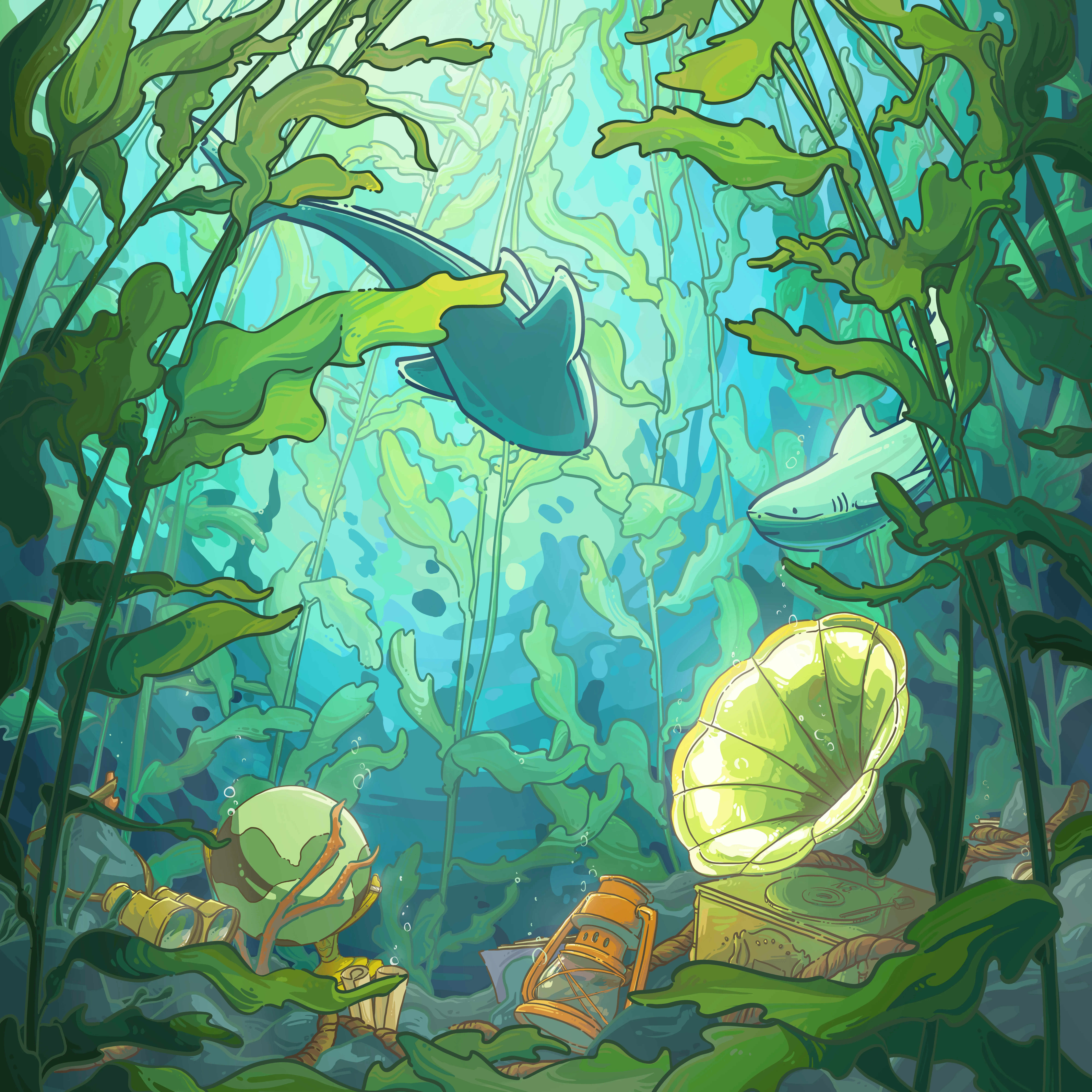 Sea kelp forest with sunken sailing equipment